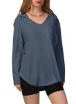 RIROW 2023 Womens Hoodie Pullover Long Sleeve Tops Waffle Knit Ladies Sweatshirts Pocket Greyish Blue L