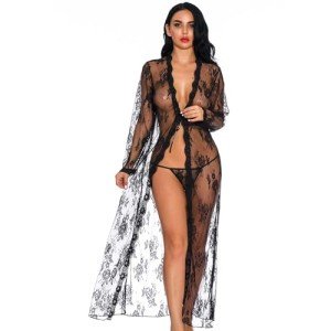 Black Lace Kimono Robe and Babydoll Nightgown