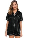 SWOMOG Women's Silk Satin Pajama Set - Black