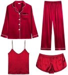 SWOMOG Women's Red Satin 4-Piece Pajama Set