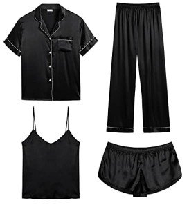 Silk Satin 4-Piece Women's Pajama Set - Black