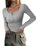 PRETTYGARDEN Women's 2024 Fall Long Sleeve Henley T Shirts Button Ribbed Knit Slim Fit Casual Basic Tops Blouse (Grey,Small)