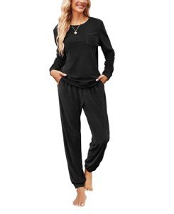 Women's Black Velvet Pajama Set with Pockets