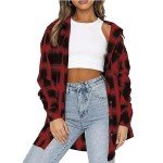 Malarocoby Women's Plaid Shirt Checked Oversized Blouse Long Sleeve Shirt Elegant Shirt Tops Red