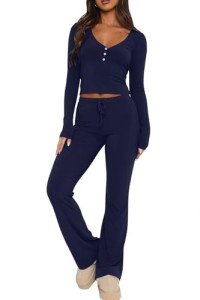 Ladies Cotton V Neck Pajama Set - Navy Blue