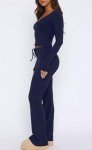 Ladies Cotton V Neck Pajama Set - Navy Blue