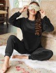Women's Black Velvet Pajama Set with Pockets