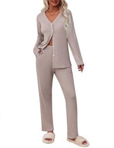 Ekouaer Women's Long Sleeve Waffle Knit Pajamas Set