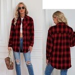 Malarocoby Women's Plaid Shirt Checked Oversized Blouse Long Sleeve Shirt Elegant Shirt Tops Red