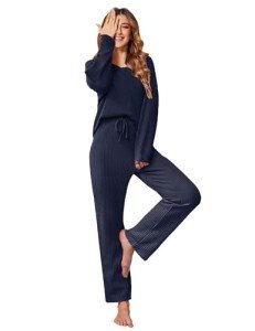 Comfy Women's Waffle Knit Pajama Set – Navy Blue