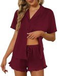 Ekouaer Women's Short Sleeve Pajama Set - Wine Red