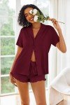 Ekouaer Women's Short Sleeve Pajama Set - Wine Red