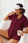 Ekouaer Women's Short Sleeve Pajama Set - Wine Red