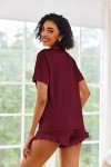Ekouaer Women's Short Sleeve Pajama Set - Wine Red