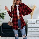 Malarocoby Women's Plaid Shirt Checked Oversized Blouse Long Sleeve Shirt Elegant Shirt Tops Red