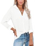 Diosun Womens Button Down V Neck Shirts Long Sleeve Office Casual Business Plain Blouses Tops White