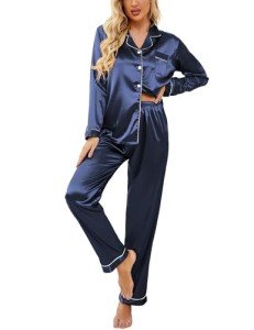 Ekouaer Women's Long Satin Pajama Set, Navy