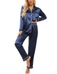 Ekouaer Women's Long Satin Pajama Set, Navy