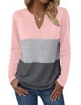 Zeagoo Womens T Shirts V Neck Long Sleeve Waffle Shirts Casual Loose Tops Color Block Tunics Shirt Basic Tee, Pink/Gray/Charcoal L