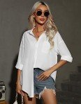 Hotouch Women White Button Up Shirt Long Sleeve Office Dress Shirt Loose Drop Shoulder Blouse with Pockets M