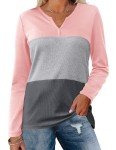 Zeagoo Womens T Shirts V Neck Long Sleeve Waffle Shirts Casual Loose Tops Color Block Tunics Shirt Basic Tee, Pink/Gray/Charcoal L
