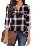 Red Plaid Shirt Women,Tanst Juniors Long Sleeve Tops Zipper Front Henley V Neck Cuff Button Casual Tunic Pleated Flare Hem Form-Fitting Breathable Elegant Feminine Blouses Red XL