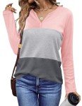 Zeagoo Womens T Shirts V Neck Long Sleeve Waffle Shirts Casual Loose Tops Color Block Tunics Shirt Basic Tee, Pink/Gray/Charcoal L