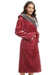 Wine Red Hooded Fleece Kimono Robe for Women