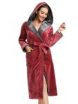 Wine Red Hooded Fleece Kimono Robe for Women