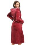Wine Red Hooded Fleece Kimono Robe for Women