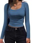 Zeagoo Basic Tops for Women Long Sleeve Square Neck T Shirts Slim Fit Rib Knit Business Work Tees Fall Clothes Blue