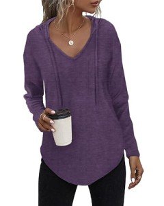 RIROW Womens Hoodie Pullover Long Sleeve Tunic Tops Knit Ladies Sweatshirts Pocket 2024 New Purple L