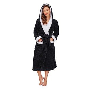Cozy Black Plush Hooded Fleece Robe for Women