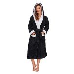 Cozy Black Plush Hooded Fleece Robe for Women