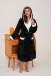 Cozy Black Plush Hooded Fleece Robe for Women