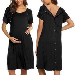 Ekouaer Women's Nursing Short Sleep Dress - Black