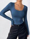 Zeagoo Basic Tops for Women Long Sleeve Square Neck T Shirts Slim Fit Rib Knit Business Work Tees Fall Clothes Blue