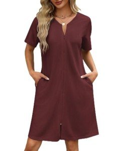 Ekouaer Women's Wine Red Zipper Robe with Pockets