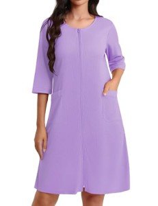 Ekouaer Lightweight Lavender Zip-Up Waffle Robe