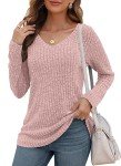 WNEEDU Long Sleeve Shirts for Women Lightweight V Neck Sweaters Casual Loose Tunic Tops Coral Pink XL
