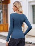 Zeagoo Basic Tops for Women Long Sleeve Square Neck T Shirts Slim Fit Rib Knit Business Work Tees Fall Clothes Blue