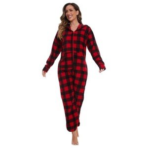 Red Black Plaid Fleece Hooded Pajamas for Women