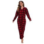 Red Black Plaid Fleece Hooded Pajamas for Women