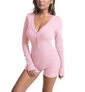 HOKOYI Women's Pink Long Sleeve Bodysuit Romper