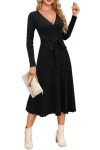 Women's Black Knit Midi Sweater Dress - V Neck