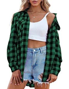 Zeagoo Womens Tartan Plaid Flannel Shirts Roll up Sleeve Casual Boyfriend Button Down Gingham Checkered ShirtGreenMedium