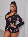 Lip Print Black Long Sleeve Cartoon Pajamas Romper