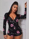 Lip Print Black Long Sleeve Cartoon Pajamas Romper
