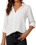 SPRING SEAON Women's Button Down Shirts Causal Collared Blouses Work Office Long Sleeve Chiffon Blouse for Ladies White