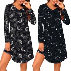Women's 2 Pack V Neck Long Sleeve Nightgowns
